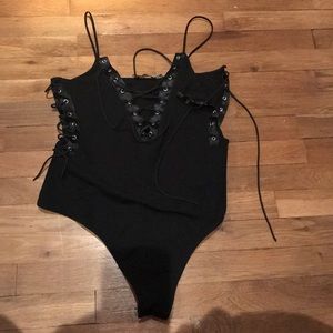 PLT, black lace up strapped thong body suit